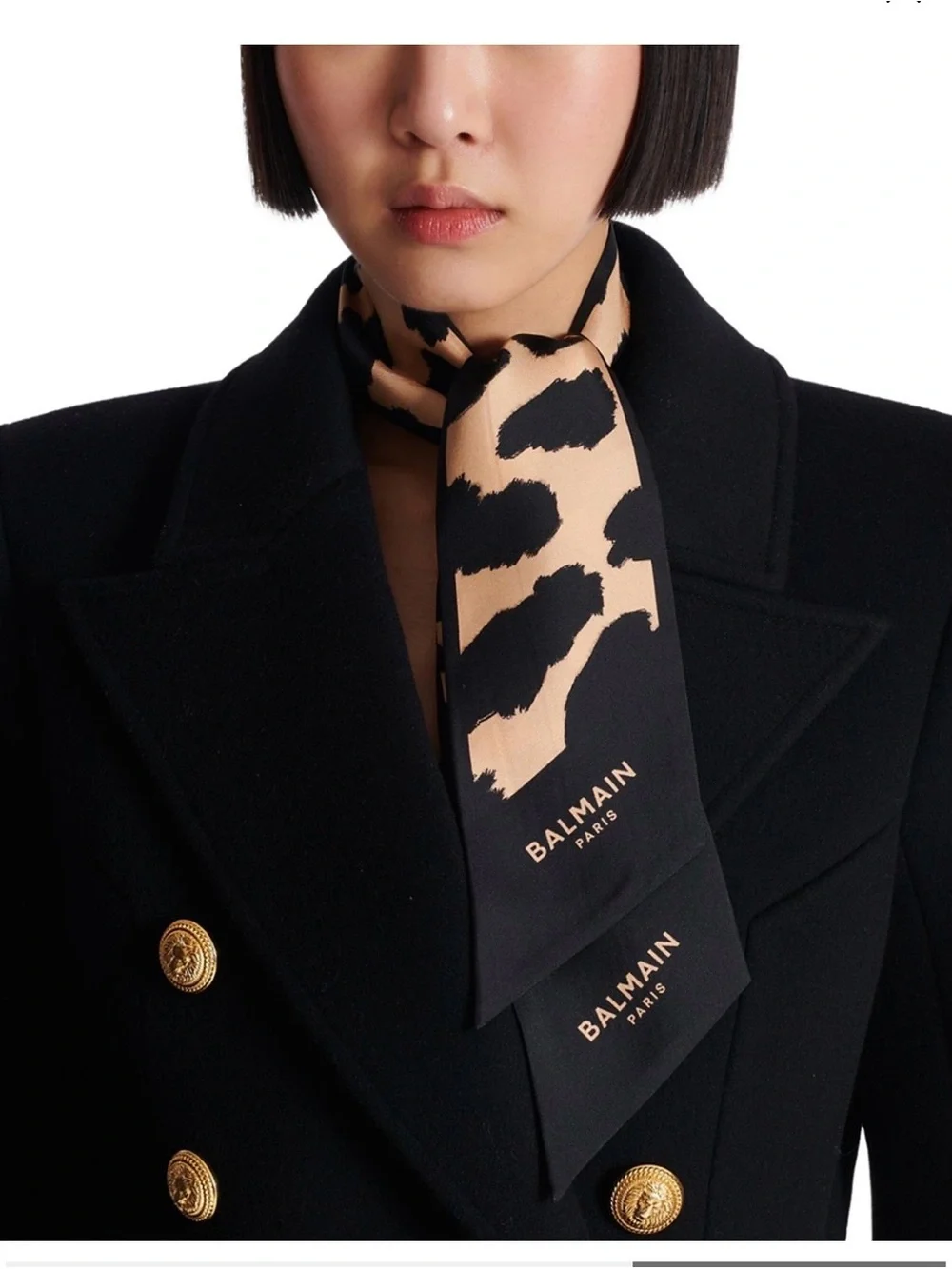 Balmain Black & Beige Animal-Print Silk Twilly Scarf